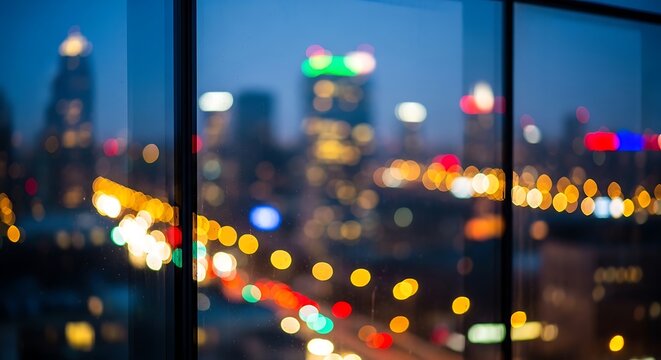 Blurred cityscape view through window at twilight hour