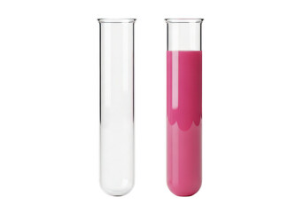 Two glass test tubes one empty and one filled with pink liquid on transparent background