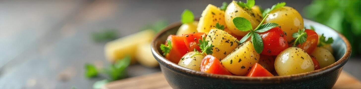 A vibrant bowl of freshly made salad potatoes, perfectly cooked and seasoned, with a medley of colorful vegetables Ideal for a light lunch or side dish , vegetarian, dressing