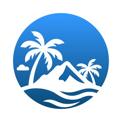 Fototapeta premium Logo agencia de viajes. Vacaciones de verano. Dibujo sencillo con siluetas de un paisaje con la palma, isla con montaña y olas de mar en círculo