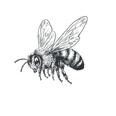 Detailed vintage engraving of a flying honey bee with open wings. Hand drawn scientific insect illustration isolated on white background © Julia