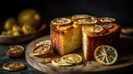 Fototapeta premium A lemon ricotta cake with caramelized lemon slices is displayed dramatically under moody lighting