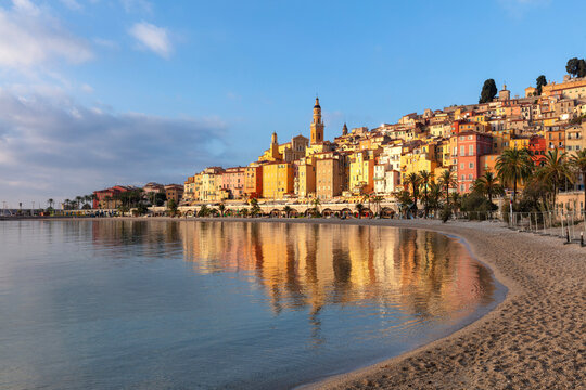 Basilica of Saint-Michel Archange & old town reflected in the sea, , Menton, Provence-Alpes-Cote d'Azur, France