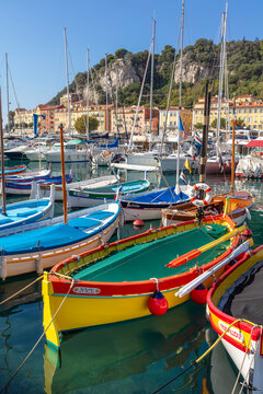 The old port or Lympia port, traditional fishing boats locally called pointu, Nice, Provence-Alpes-Cote d'Azur, France