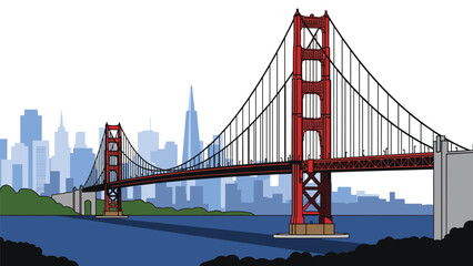Fototapeta premium Iconic red suspension bridge stands tall over blue water with a detailed city skyline and green hills in the background.