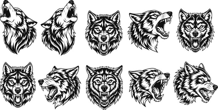 Set of ten aggressive wolf head silhouettes, snarling and howling wild predator icons for aggressive nature branding and animal mascot logo designs,
