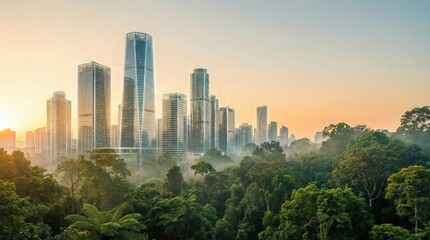 Obraz premium Modern city skyline at sunrise with lush green forest in the foreground.