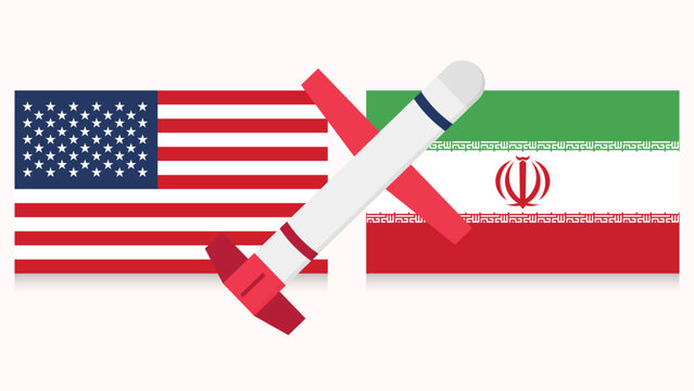 USA and Iran military conflict concept with flags and cruise missile vector illustration. Symbolizes war, defense, and international crisis.