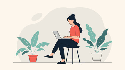 Fototapeta premium Focused woman sitting on a tall stool using a laptop computer in a clean room decorated with large green potted plants.