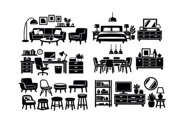 Obraz premium Diverse collection of furniture icons representing complete room sets and individual pieces for contemporary interior design