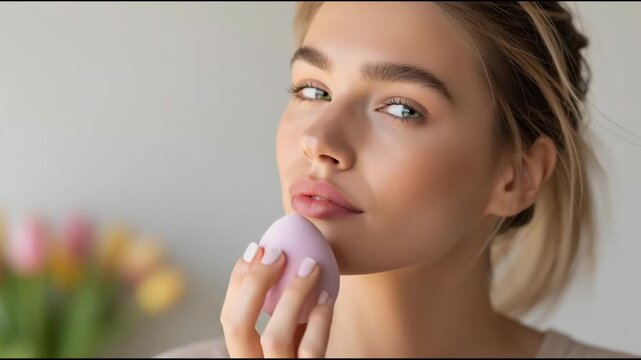 Young woman applying easter egg shaped beauty sponge makeup, festive pastel pink cosmetic tool for holiday look	
