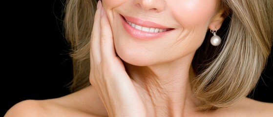 Fototapeta premium Close-up portrait of a senior woman showcasing skin details, wearing earrings, captured in a studio setting against a dark background with space for text