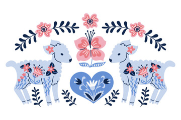 Fototapeta premium Illustrated design featuring two blue lambs surrounded by flowers and foliage, with a heart shape at the center, showcasing a whimsical and colorful folk art style