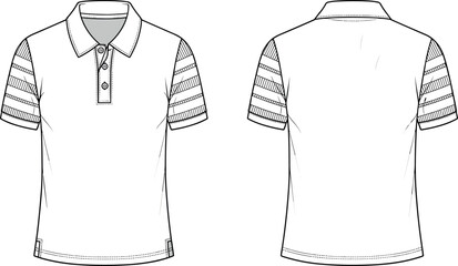 Men short sleeve polo shirt technical flat sketch vector illustration with striped sleeves front and back view fashion design mockup