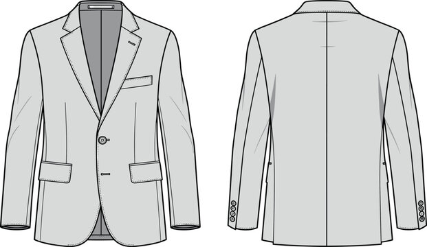 Men single breasted suit jacket vector technical fashion flat sketch template front and back view illustration for clothing design mockup.