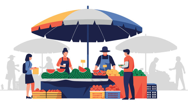 Busy outdoor market stall with vendors selling fresh watermelons and other fruits to customers in the city.