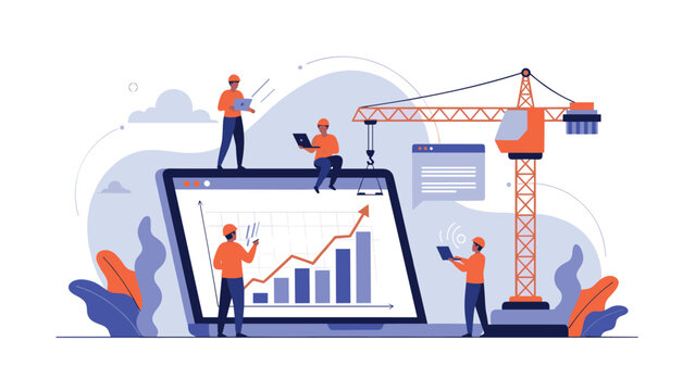 Construction workers and engineers using a crane to build a business growth graph on a giant laptop screen as a digital project.