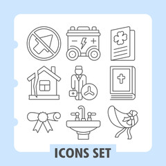 Fototapeta premium Set of nine modern thin line icons, representing themes like communication, power, spirituality, home, business, education and family, presented cleanly on white background.