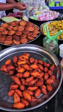 Static view of local Malay savory 'cek mek molek' sold at local market in the Ramadhan month in Kelantan, Malaysia.Local savory normally tasted sweet and not good for diabetic.