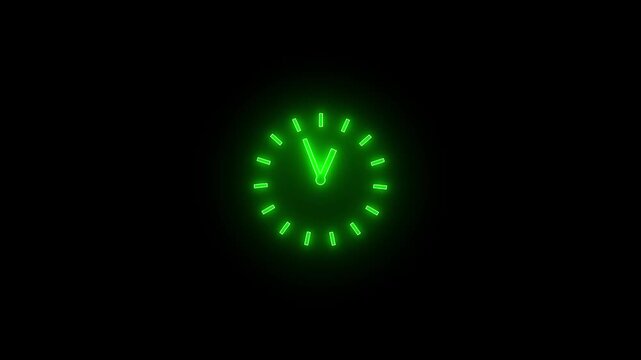 Glowing neon clock icon animation isolated on black background,circle analong watch icon on black backgrouynd,