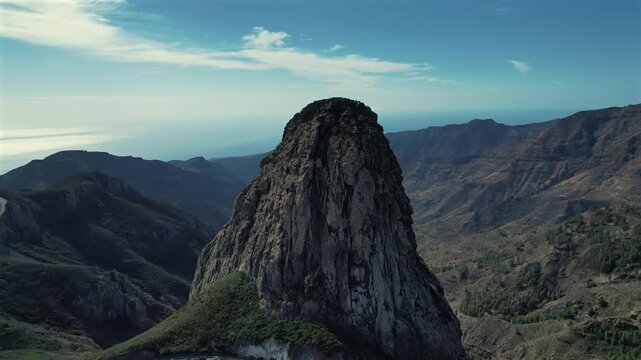 Aerial Shot of Roque de Agando Volcanic Plug In La Gomera, Canary Islands