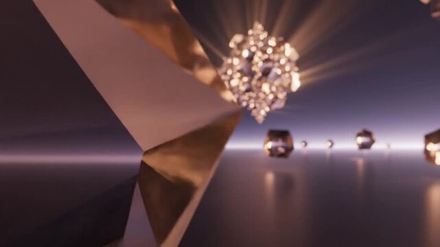 Abstract golden polygons with bright light reflections on dark surface