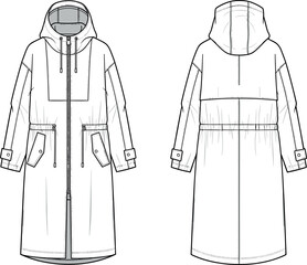 Women long hooded parka coat technical flat sketch vector illustration front and back view outerwear fashion design template line art © DALIARA 