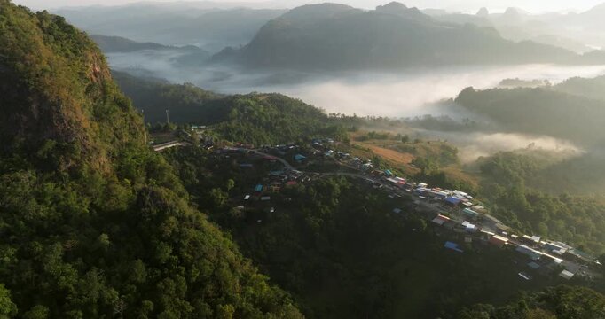 Ban Jabo Remote Village Along Mountain Ridge In The Pang Mapha District Of Mae Hong Son Province In Northern Thailand. Aerial Shot