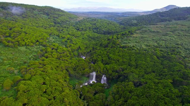 Aerial view of a cascading waterfall slicing through the dense, lush green forest, creating a stunning contrast of white water and emerald canopy, Aberdare National Park, Kenya.