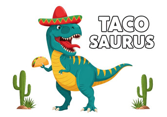 Naklejka premium A teal and yellow dinosaur wearing a sombrero eating a taco