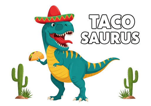 A teal and yellow dinosaur wearing a sombrero eating a taco