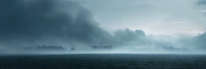 Obraz premium massive rolling fog wall advancing across open field, soft cold palette