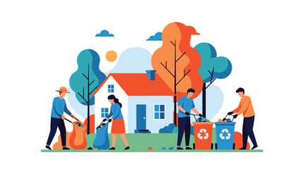 Naklejka premium Group of eco-friendly volunteers cleaning up trash and sorting recycling into bins in front of a residential house garden.