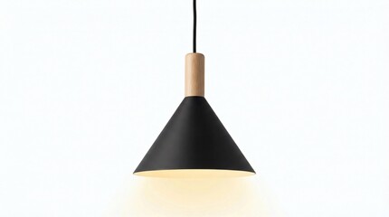 Modern Hanging Lamp Black Cone Shade with Wooden Top, and Minimalist Lighting.
