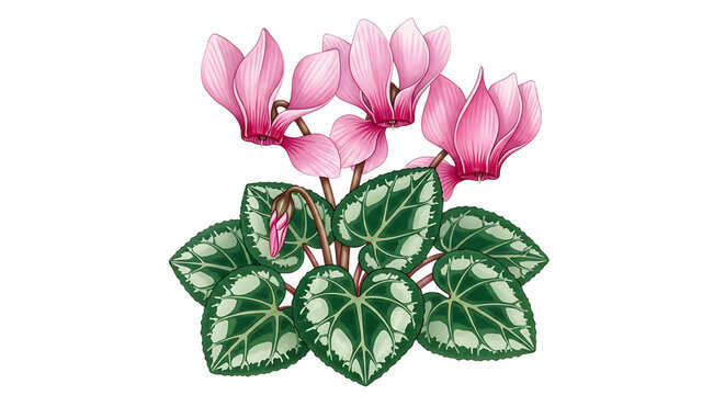 Pink cyclamen flowers with variegated green heart-shaped leaves pink flowers green leaves