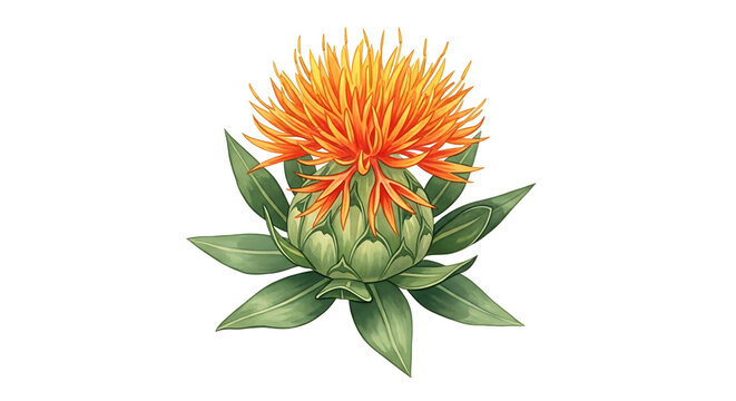 Watercolor painting of a vibrant orange safflower bloom with green leaves saff花