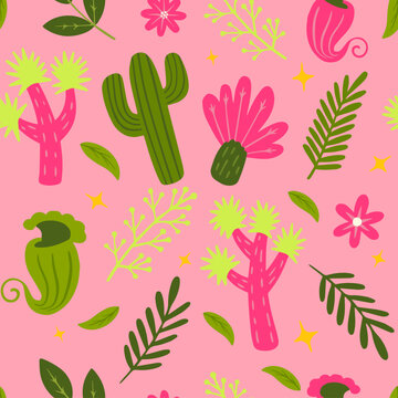 Pattern illustration with sequoia leaves, wollemi pine, joshua tree, and pitcher plant, among others. Plants that are threatened with extinction due to fire. 