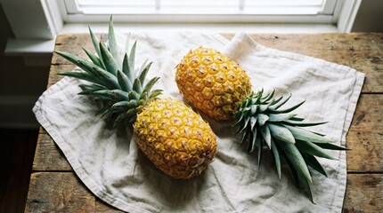Tropical Twins Pineapples on Rustic Wood Table by Window Light.
