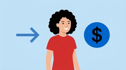 Woman Earnings Smiling Person Getting Money On Blue Background.