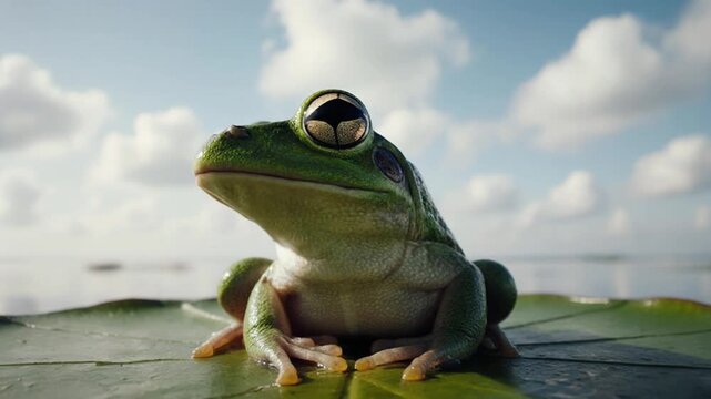 Frog Sitting on Green Leaf Surface.