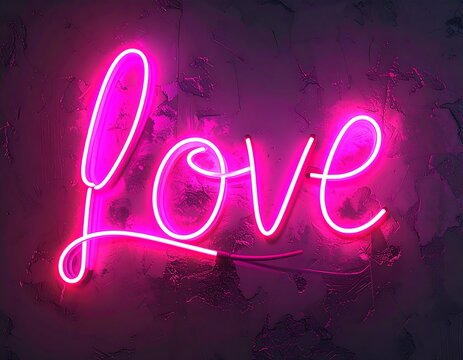 Glowing pink neon "love" sign against a textured dark gray wall with plaster-like patterns in a close-up shot