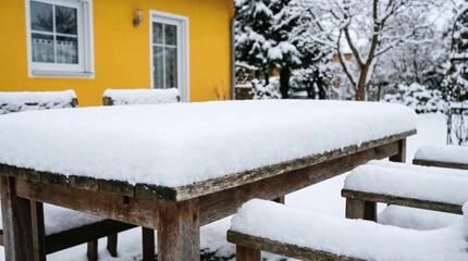 Snowy Garden Table Winters Quiet Beauty in a Yellow House Backyard.