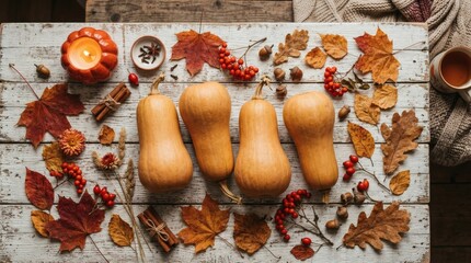 Cozy Autumn Butternut Squash with Candle, and and Leaves on Rustic Wood.
