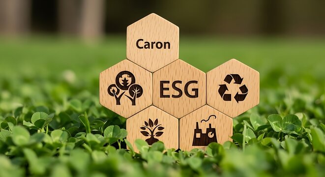 Wooden hexagon blocks with E S G symbols and Caron text on grass wooden blocks recycling symbol tree
