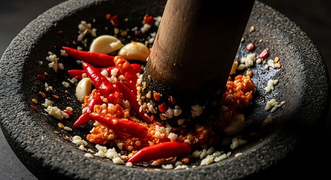 Fresh red chili and garlic being ground in cobek, close-up texture detail with dramatic lighting. Dark moody background, authentic Indonesian spice preparation concept.