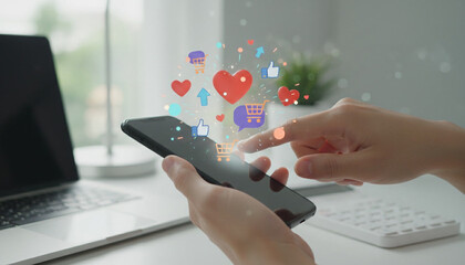 Woman hands holding smartphone using social media icons for online shopping with heart like and cart symbols on screen © Md