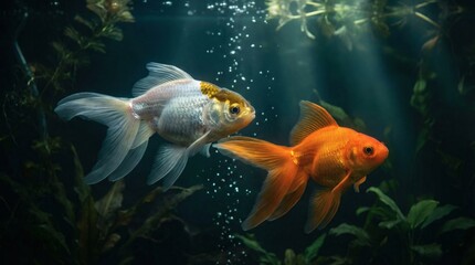 Goldfish Dance Two Colorful Fish Swim Gracefully in a Green Aquarium.