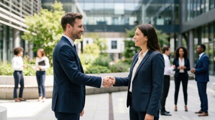professional handshake between colleagues in an outdoor setting