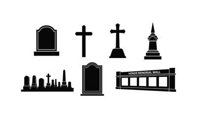 Obraz premium Gravestone vector illustration set, crosses, memorial wall, cemetery line art