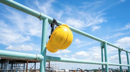 Yellow hardhat on railing with construction site background under blue skies.
